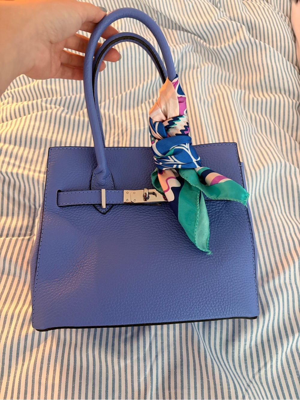 Chic Purple-Blue Structured Satchel with Scarf Accent